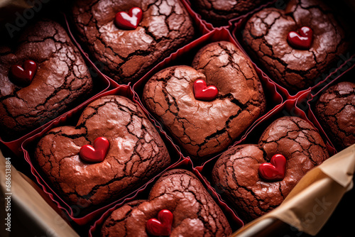 Chocolate Valentines day brownies topped with red heart shaped sprinkles. photo