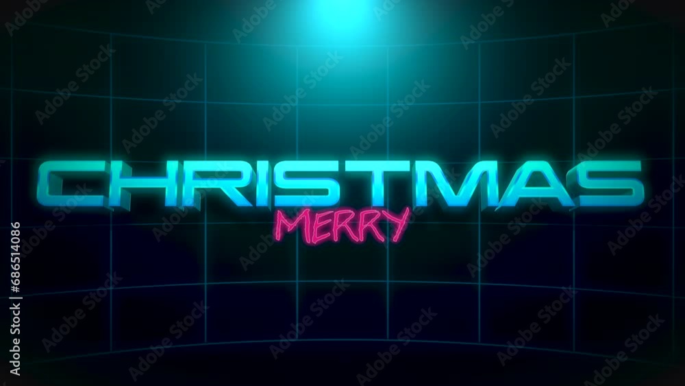 Merry Christmas text with grid in dark galaxy, motion abstract retro, holidays and winter style background Merry Christmas text with grid in dark galaxy, motion abstract retro, holidays and winter style background