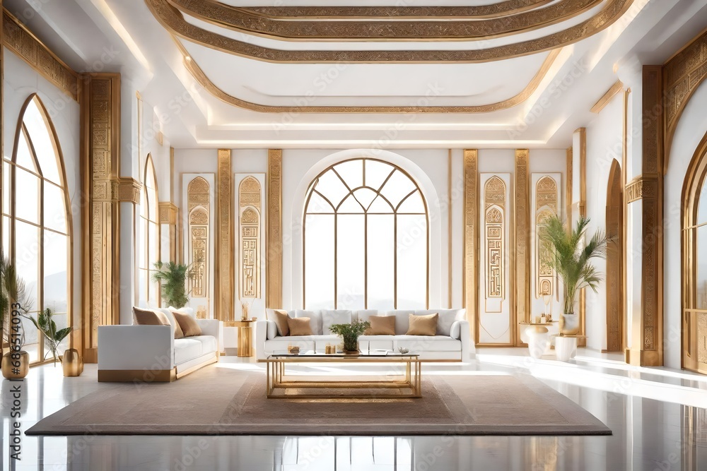 Interior of a beautiful flat in white, decorated in Egyptian style with light, modern furnishings. big windows that provide a view and an arch