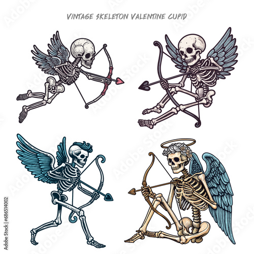Vintage skeleton cupid valentine Skeleton cupid mascot with angel wings, bow and cupid arrow. Good for greeting carts, banners, stickers, t-shirts and posters.