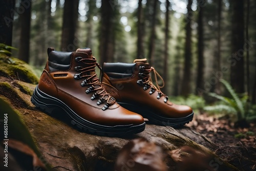 Hiking boot in forest. Brown waterproof leather ankle boots photo