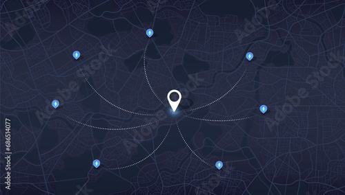 Huge city top view. Tracking path and route. vector. Location EV charging station location mark on gps navigation map a lot with fast supercharger station. Path turns and destination tag or mark.