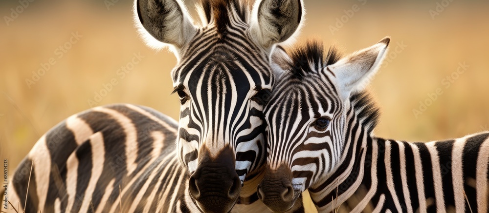 Fototapeta premium Baby zebra affectionately cuddling its mother to demonstrate their caring nature.