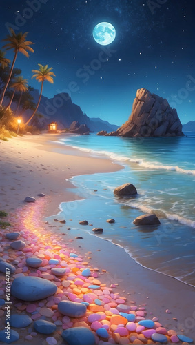 Landscape of beautiful night at the beach with colorful rocks surrounding with mountains. Creative mobile wallpaper. 