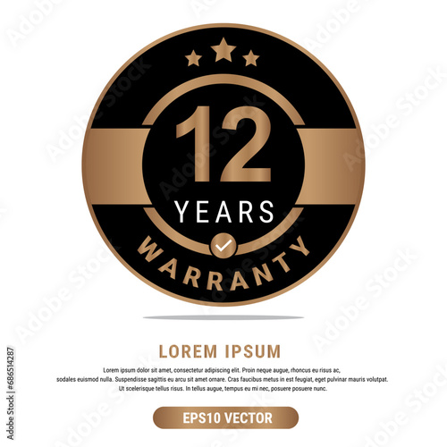 12 Year warranty vector art illustration in emas color with fantastic font and white background. Eps10 Vector