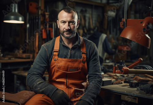 Portrait of a carpenter in old dark kaki work clothes and orange leather apron sits near work tool desk in a workshop photo