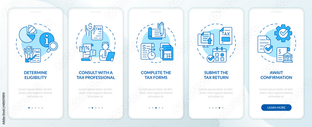 Apply for tax credits blue onboarding mobile app screen. Tax policy walkthrough 5 steps editable graphic instructions with linear concepts. UI, UX, GUI template. Myriad Pro-Bold, Regular fonts used