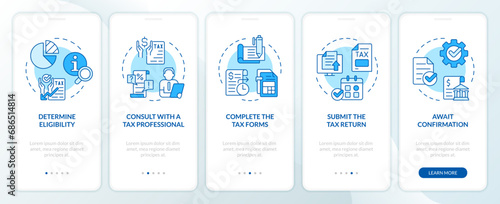 Apply for tax credits blue onboarding mobile app screen. Tax policy walkthrough 5 steps editable graphic instructions with linear concepts. UI, UX, GUI template. Myriad Pro-Bold, Regular fonts used