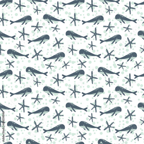 Seamless pattern with sea animals. Blue whale in the ocean among starfish on a white background. Vector illustration. Design for children s dough, packaging, wallpaper