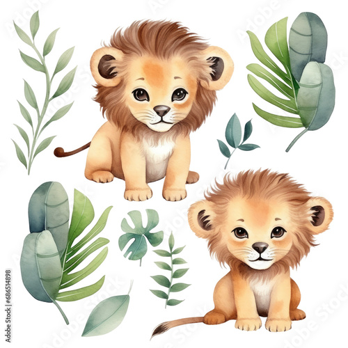 watercolor hand-drawn happy lions with tropical leaves on transparent or white background  png