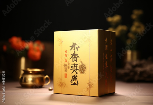 Packaging of a golden box filled with tea, in the style of Confucian ideology photo
