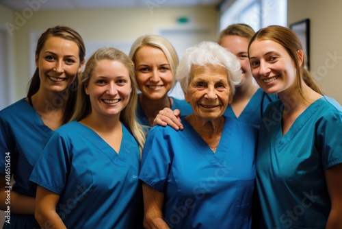 Cheerful nursing team with an elderly woman
