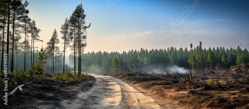 Forest regeneration after a previous fire, filled with pine and heather, and a forest road. Focus on sustainable management and environmental balance. photo