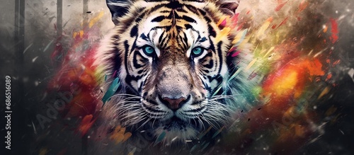 The abstract background of the beautiful nature scene complimented the black and white portrait of a cute tiger, highlighting the majestic face and captivating colors of this magnificent animal