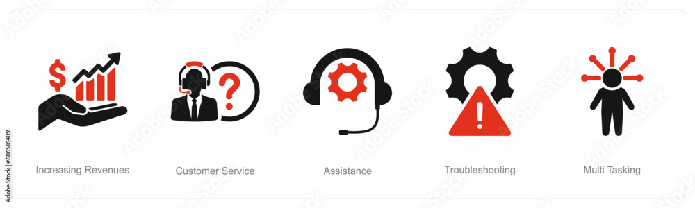 A set of 5 Customer service icons as increasing revenues, customer service, assistance A set of 5 Customer service icons as increasing revenues, customer service, assistance