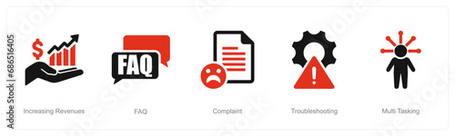A set of 5 Customer service icons as increasing revenue, faq,  complaint