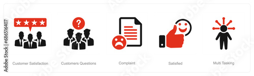 A set of 5 Customer service icons as customer satisfaction, customer questions, complaint