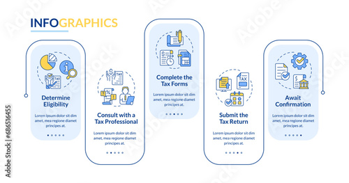 Apply for tax credits blue infographic template app screen. Fiscal policy. Data visualization with 5 steps. Editable timeline info chart. Workflow layout with line icons. Lato-Bold, Regular fonts used
