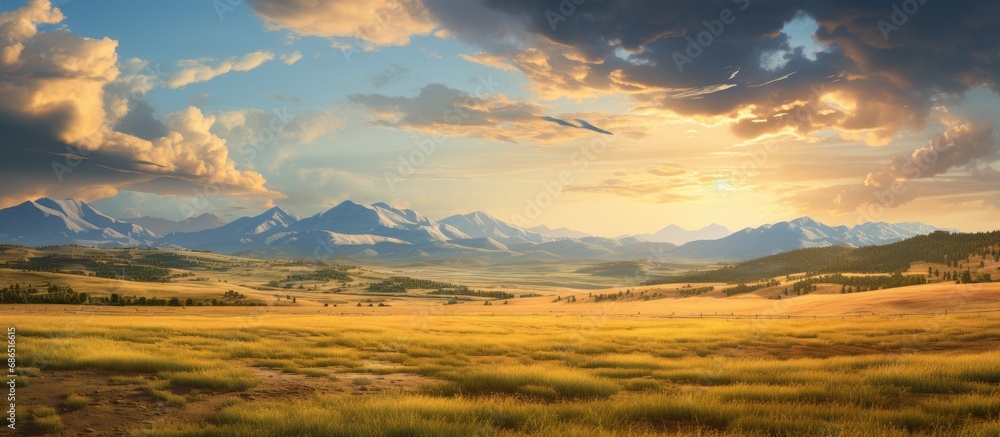 Golden Hour at Pike's Peak with Open Fields - obrazy, fototapety, plakaty 