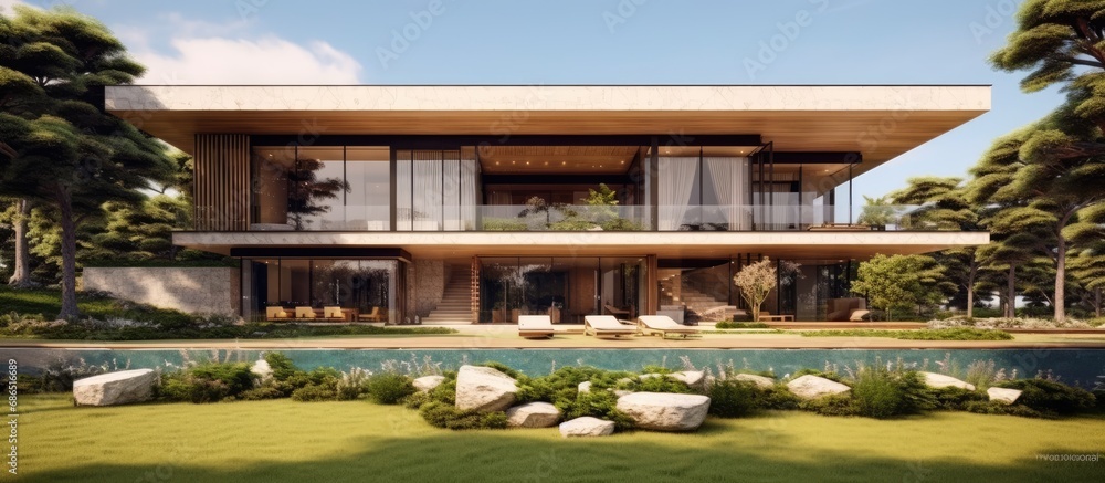 The architects luxurious concept for the house incorporated a stunning illustration of a modern design with extensive use of wood, surrounded by a lush green landscape and a beautifully manicured