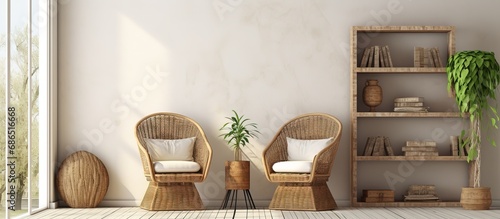 Bright room with wicker seating and storage © Vusal