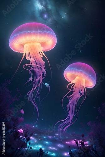 Glowing jellyfish. Vertical composition © Thanh