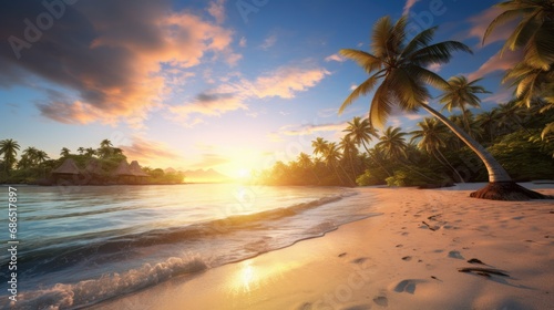 Sunset on the beach. Tropical paradise, sand, beach, palm trees and clear water. © kardaska