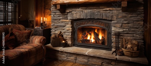A fire warms a rustic modern fireplace in a cozy log house, providing warmth during cold evenings.