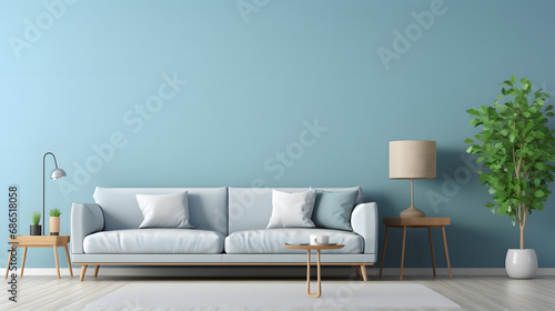 empty living room with blue tones wall. generative ai.