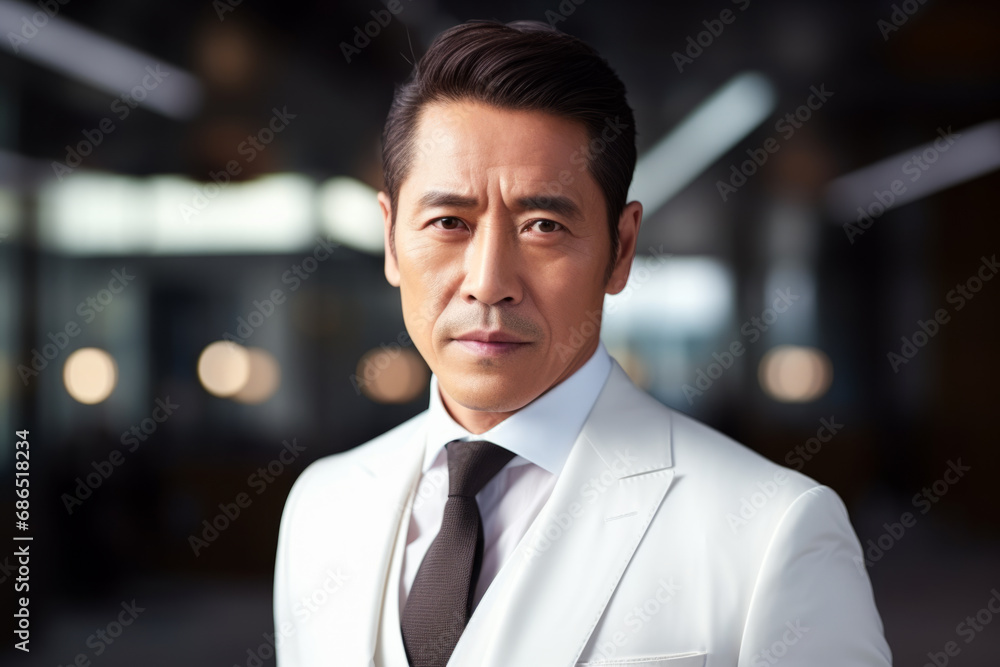 A handsome korean middle age man in white suit and tie