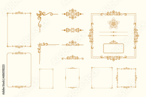Set Of Golden Vintage ornament with border  frame  crown  ornate   mandala and luxury elements  suitable for vintage design or wedding invitation card