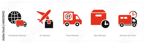 A set of 5 delivery icons as worldwide delivery, air delivery, food delivery
