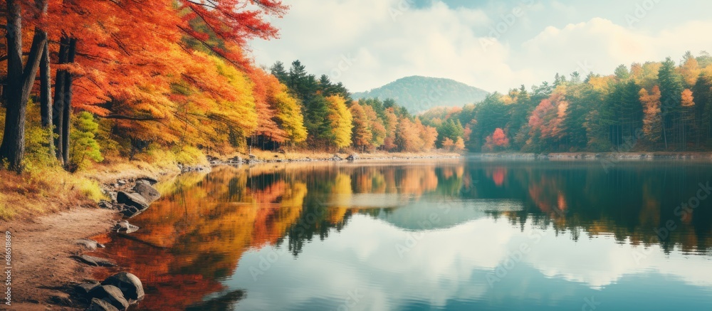 Autumn scenery with colorful lake in forest.