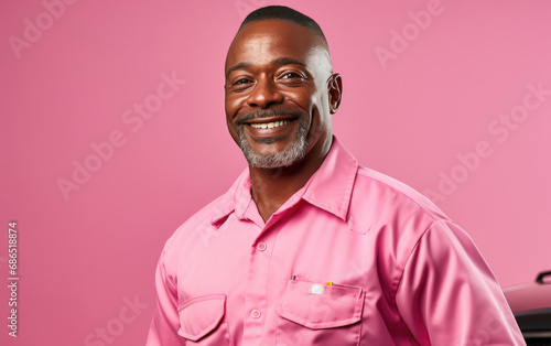 Happy smiling Mechanic with suit in the color background