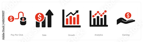 A set of 5 Digital Marketing icons as pay per click, sale, growth