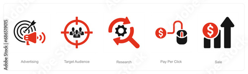 A set of 5 Digital Marketing icons as advertising, target audience, research