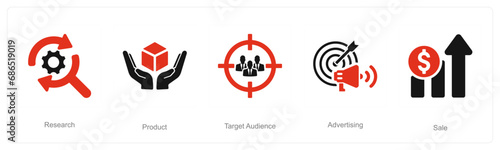 A set of 5 Digital Marketing icons as Research, product, target audience