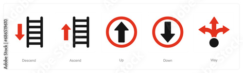 A set of 5 Direction icons as descend, ascend, up
