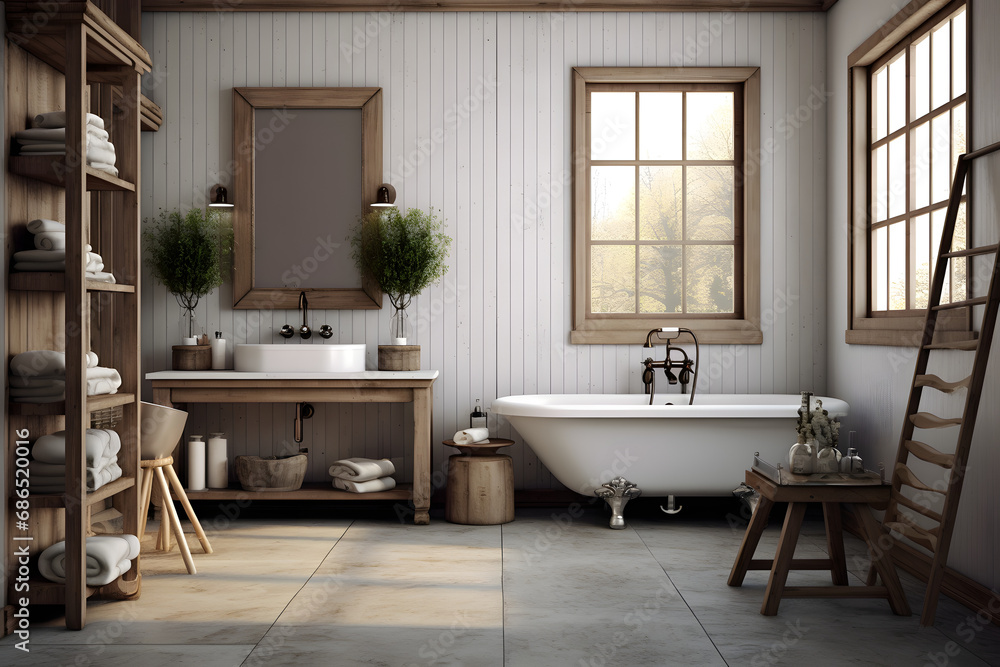 farmhouse bathroom interior background 3d rendering. generative ai.