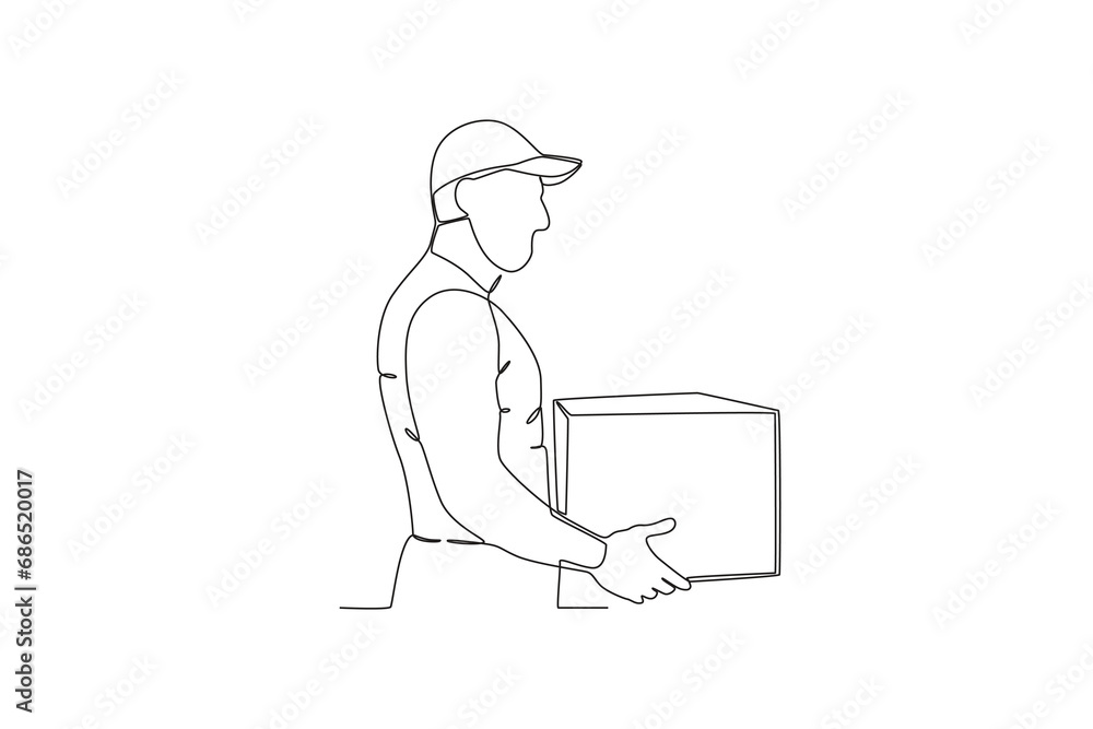 Continuous one line drawing employee who is lifting the package in the warehouse. Single line draw design vector graphic illustration

