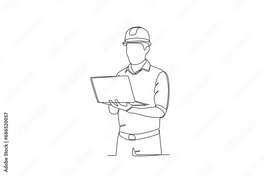 Continuous one line drawing Warehouse employee is looking at the list of goods through the laptop. Single line draw design vector graphic illustration
