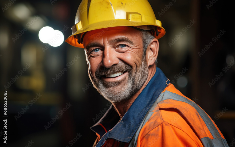 Happy smiling Miner with helmet in the dark background Happy smiling Miner with helmet in the dark background