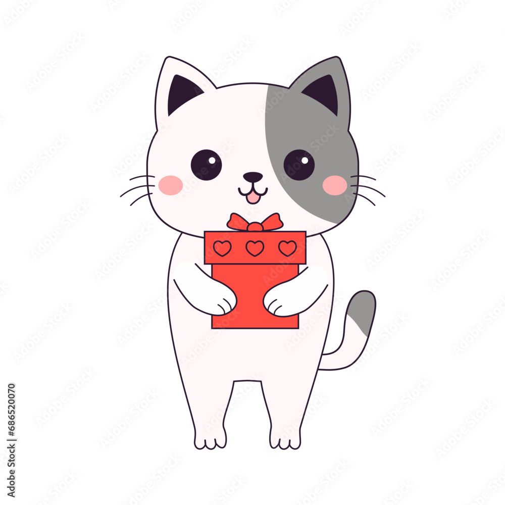 White cat kitten kitty holding heart gift box. Funny head face. Contour line doodle. Happy Valentines Day. Cute cartoon kawaii animal character. Flat design. Love card. White background. Isolated.