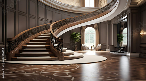 Foyer with curved staircase. generative ai. photo