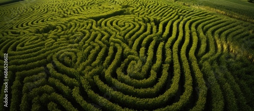 Aerial view of a cornfield maze.