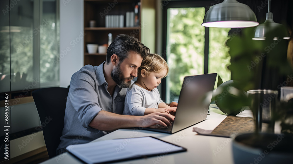 Man multi-tasking working at a laptop with his young son at home. Generative AI. Man multi-tasking working at a laptop with his young son at home. Generative AI.