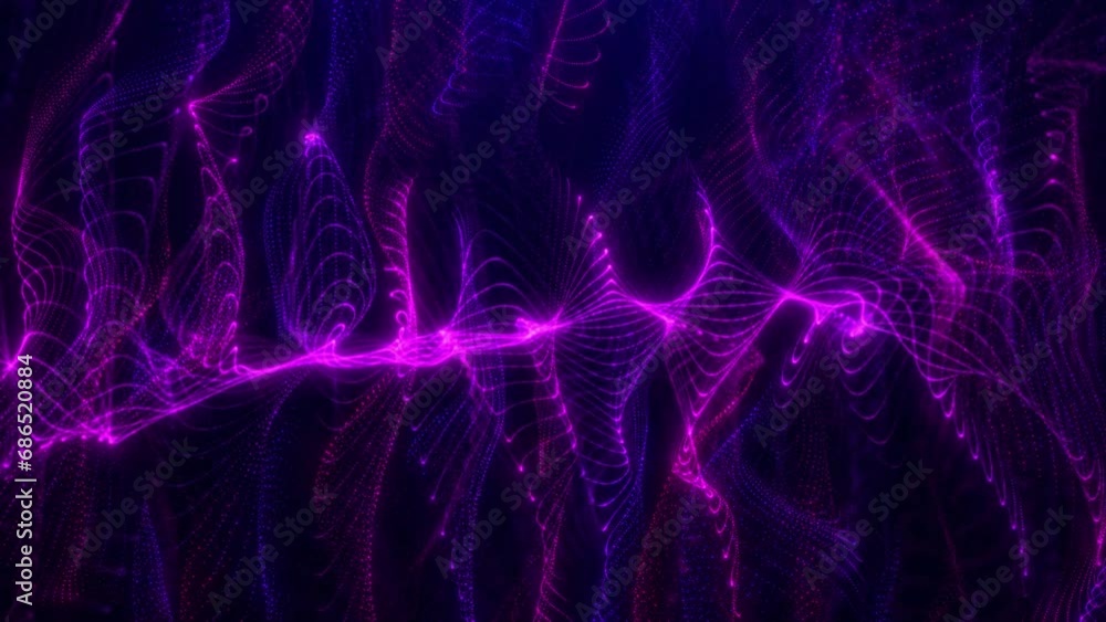 Abstract background with wavy shape particles, digital purple waves. Seamless loop 4k video. Abstract background with wavy shape particles, digital purple waves. Seamless loop 4k video.