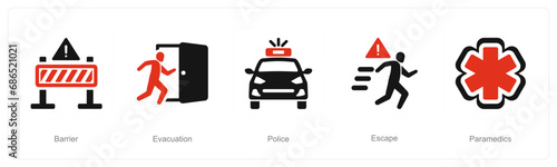 Fototapeta Naklejka Na Ścianę i Meble -  A set of 5 Emergency icons as barrier, evacuation, police