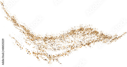 Vector illustration  depicting coffee or chocolate powder in motion, creating a dust cloud that splashes on the ground. The background is light and isolated. Format PNG.