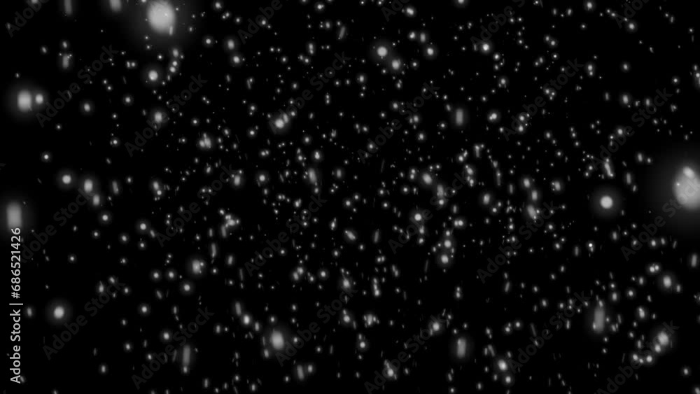 Flying snow on a black background. 4K motion graphics. snowfall overlay, background - winter, effect of slowly falling snow. Abstract particle background. seamless loop. winter weather overlay.